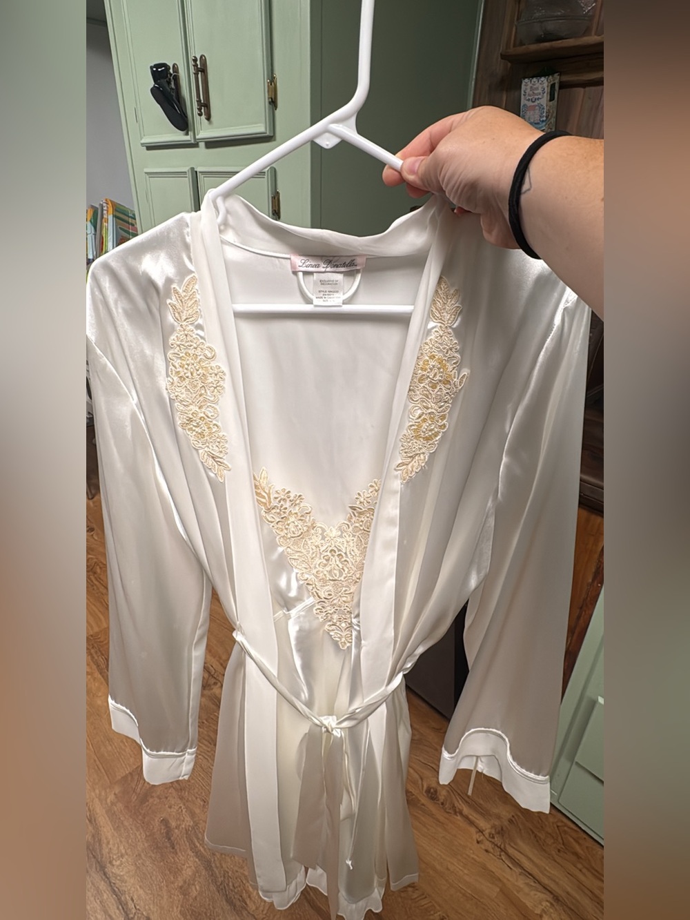Linea Donatella Ivory Satin Robe with Cream Lace Trim
